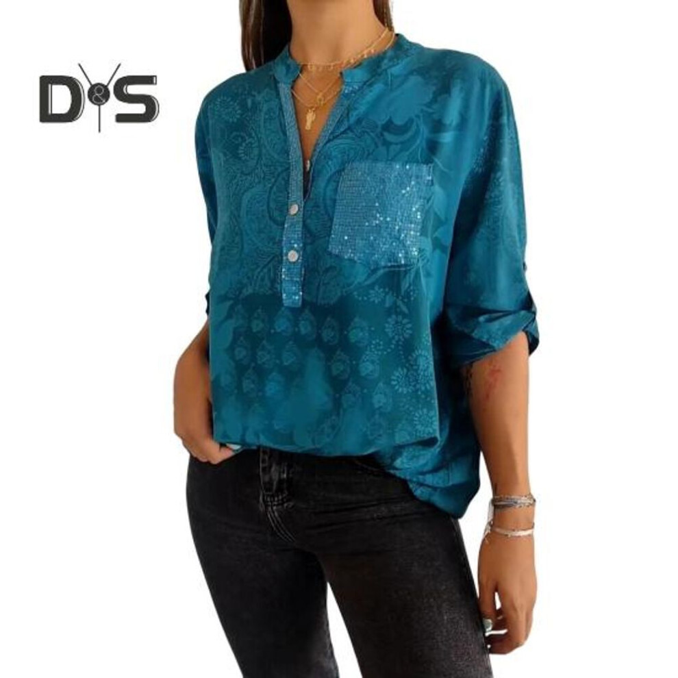 (L, blue) Women Summer Shirt V-neck Lapel Half Sleeve Pullover Tops Printing Buttons Half Placket Sequins Patch Pocket Loose Shirt
