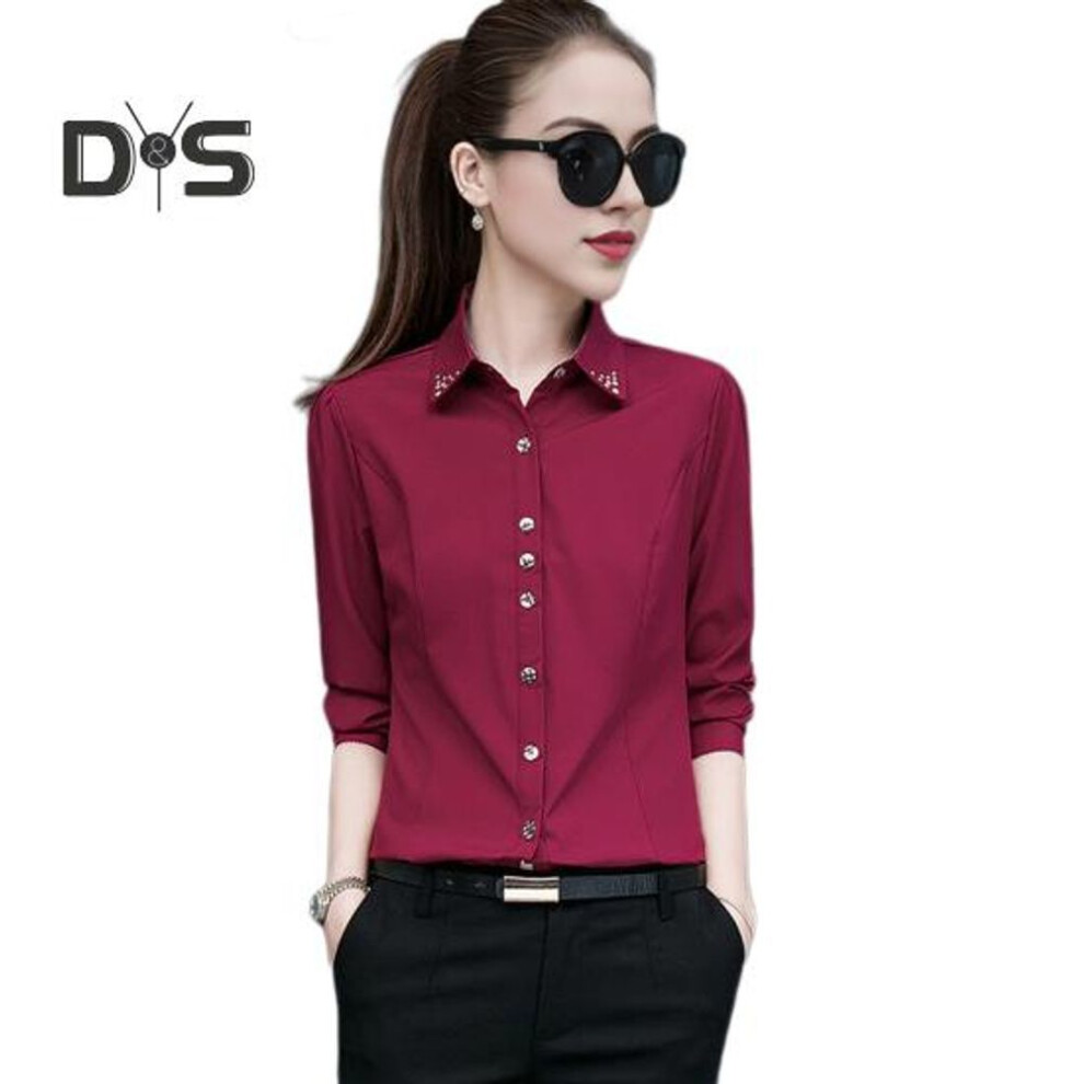 (XXXL, wine red) Women Shirt Lapel Long Sleeve Solid Color Single Breasted Shirt Tops Office Lady Shirt Work Daily Wear