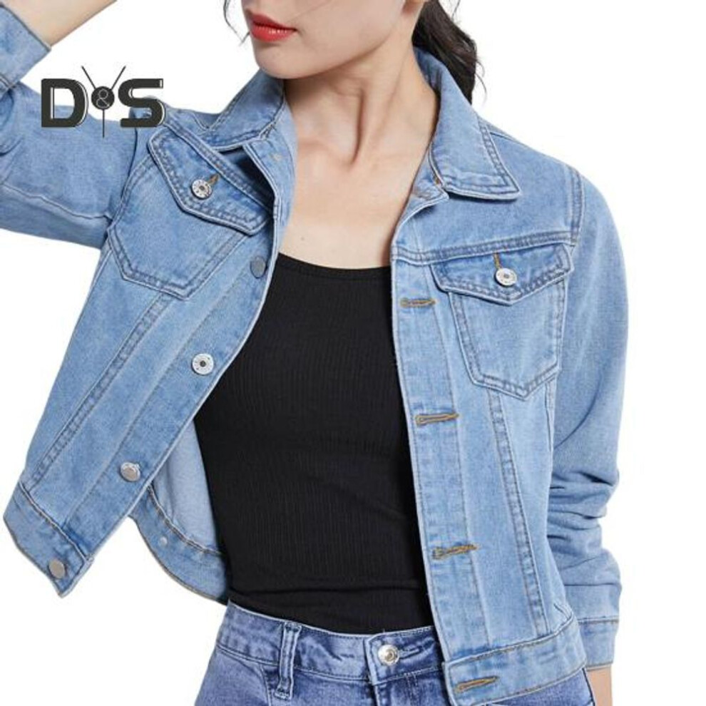 (light blue, M) Winter Women Jacket Long Sleeves Turn-down Collar Chest Pockets Button Closure Coat Short Type Casual Streetwear Denim Coats