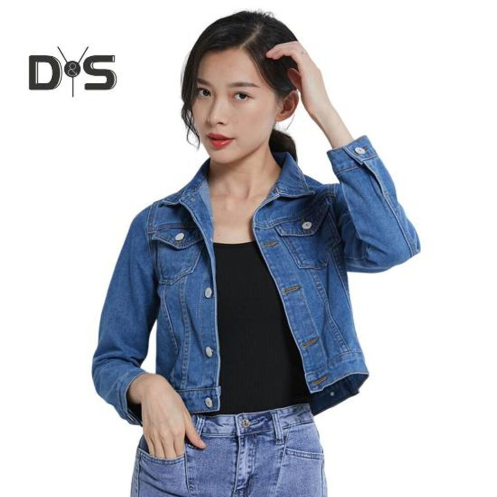 (dark blue, M) Winter Women Jacket Long Sleeves Turn-down Collar Chest Pockets Button Closure Coat Short Type Casual Streetwear Denim Coats