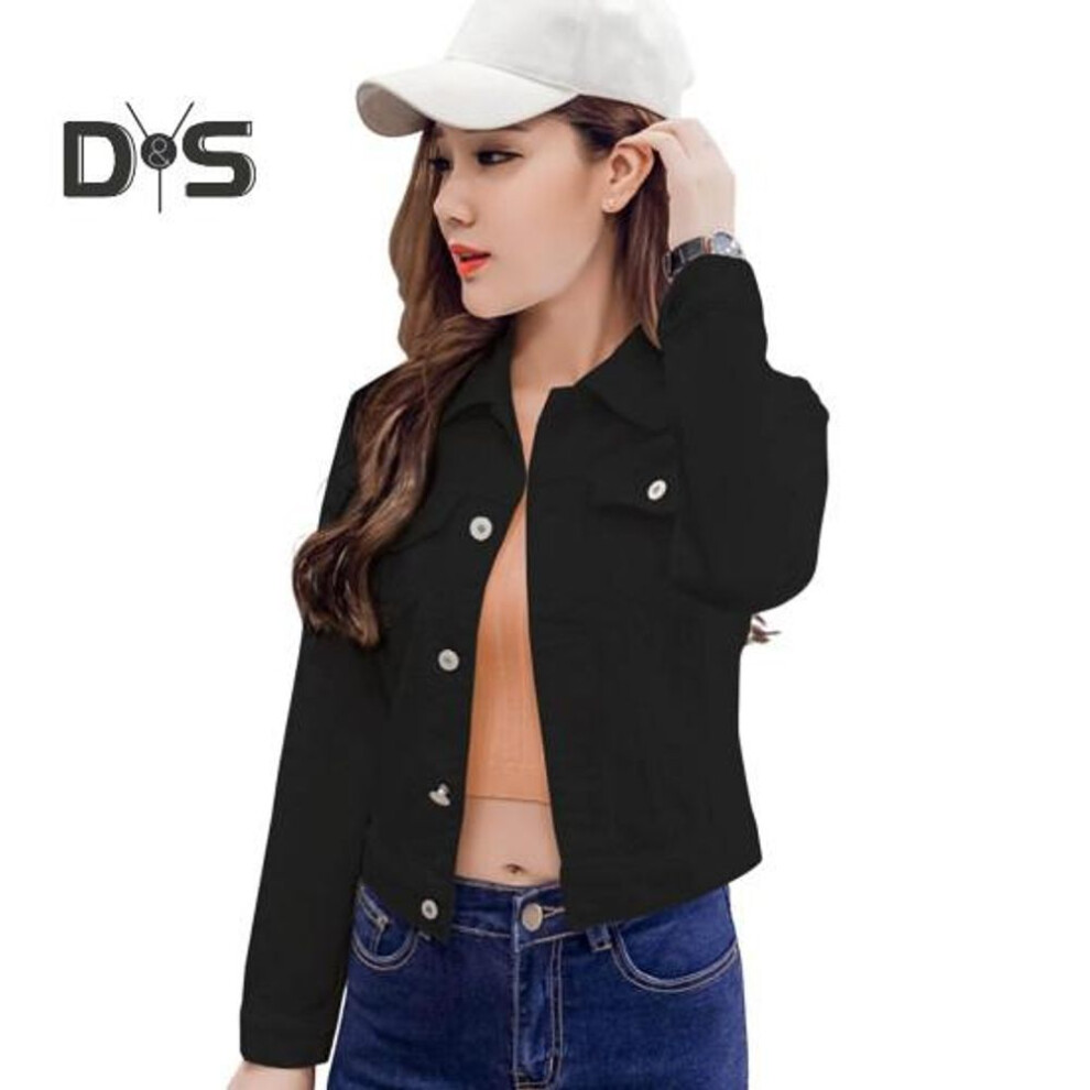 (black, M) Winter Women Jacket Long Sleeves Turn-down Collar Chest Pockets Button Closure Coat Short Type Casual Streetwear Denim Coats