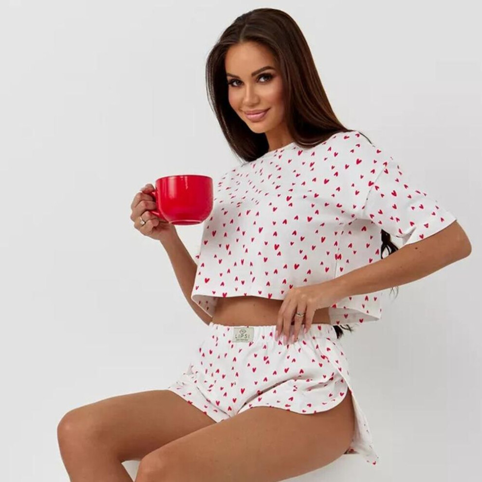 (M, as the picture) Summer Thin Cotton Heart Print Pajamas Set For Women Homewear Sexy Loose Short Sleeve Crop Tops And Shorts 2 Pieces Sets White Short Pyjamas Sleepwear