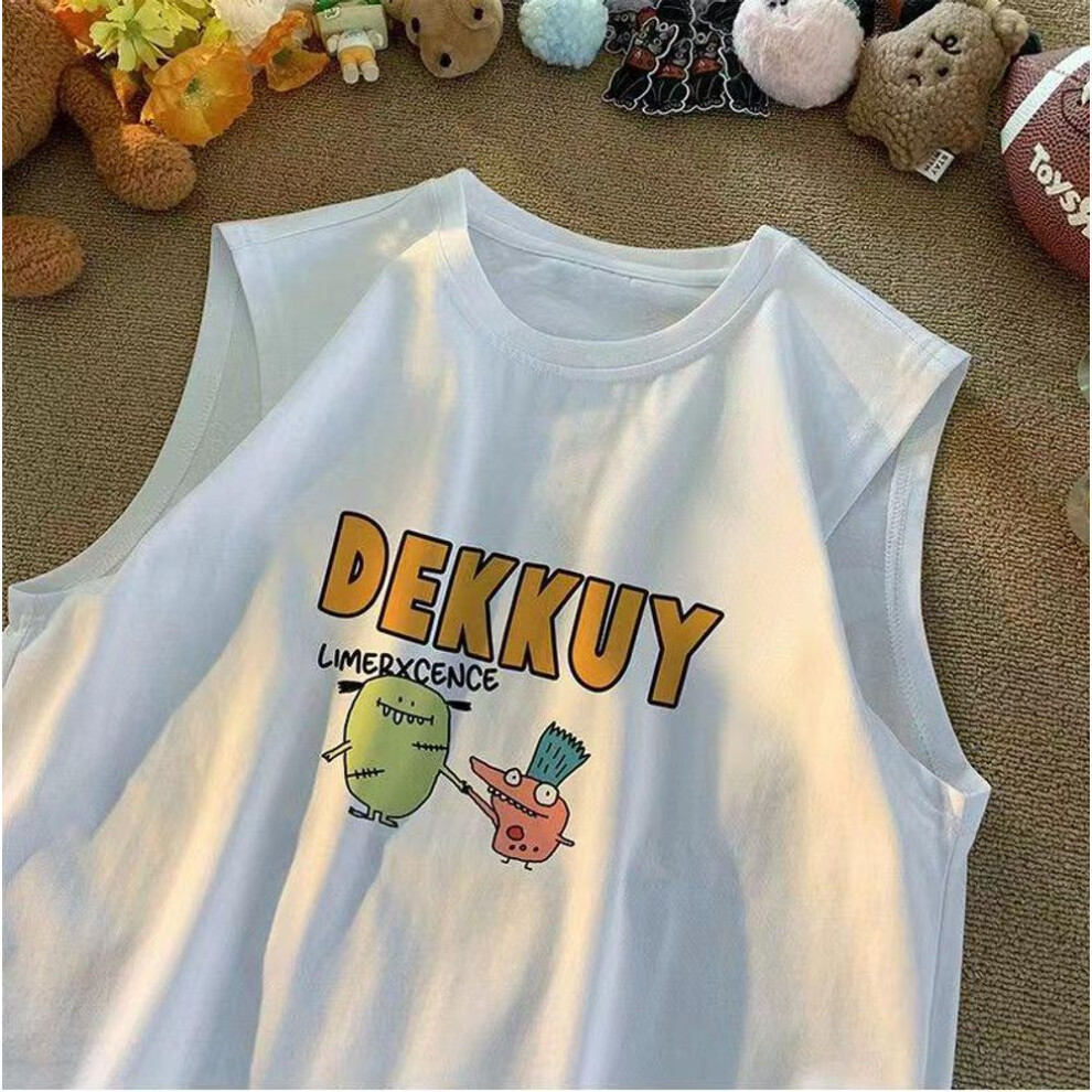 (white, 100 cm) 2023 Boys' Cartoon Sleeveless Cotton Vest - Loose Fit Summer T-shirt