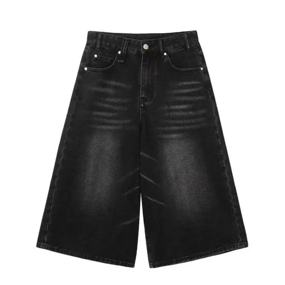 (as the picture, XL) Retro Y2k Baggy Jorts Women Men Whiskers Black Jeans Low Waist Casual Wide Pants Frayed Denim Shorts Big Size Clothes
