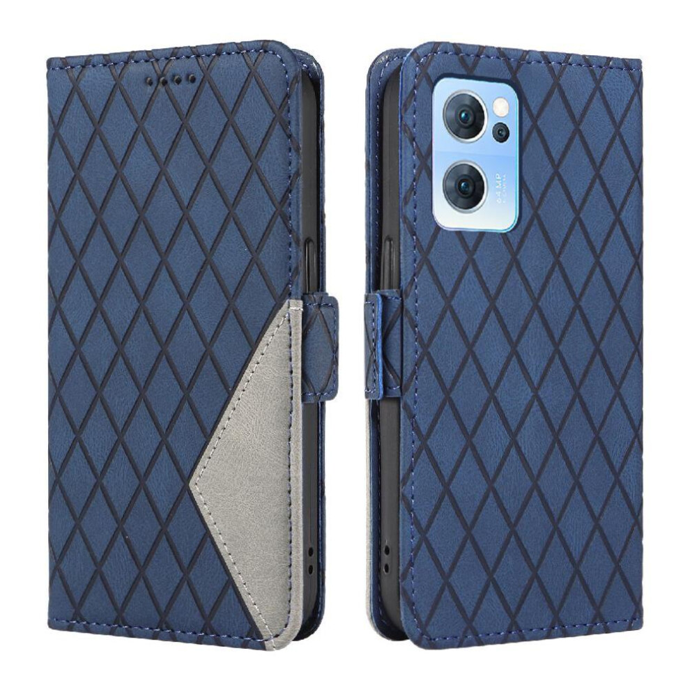 (Blue) Flip Case For Oppo Find X5 Lite With Card Slot And Hand Strap Stylish Protective Phone Case Two Color Splicing Patterns Blue 764563515011