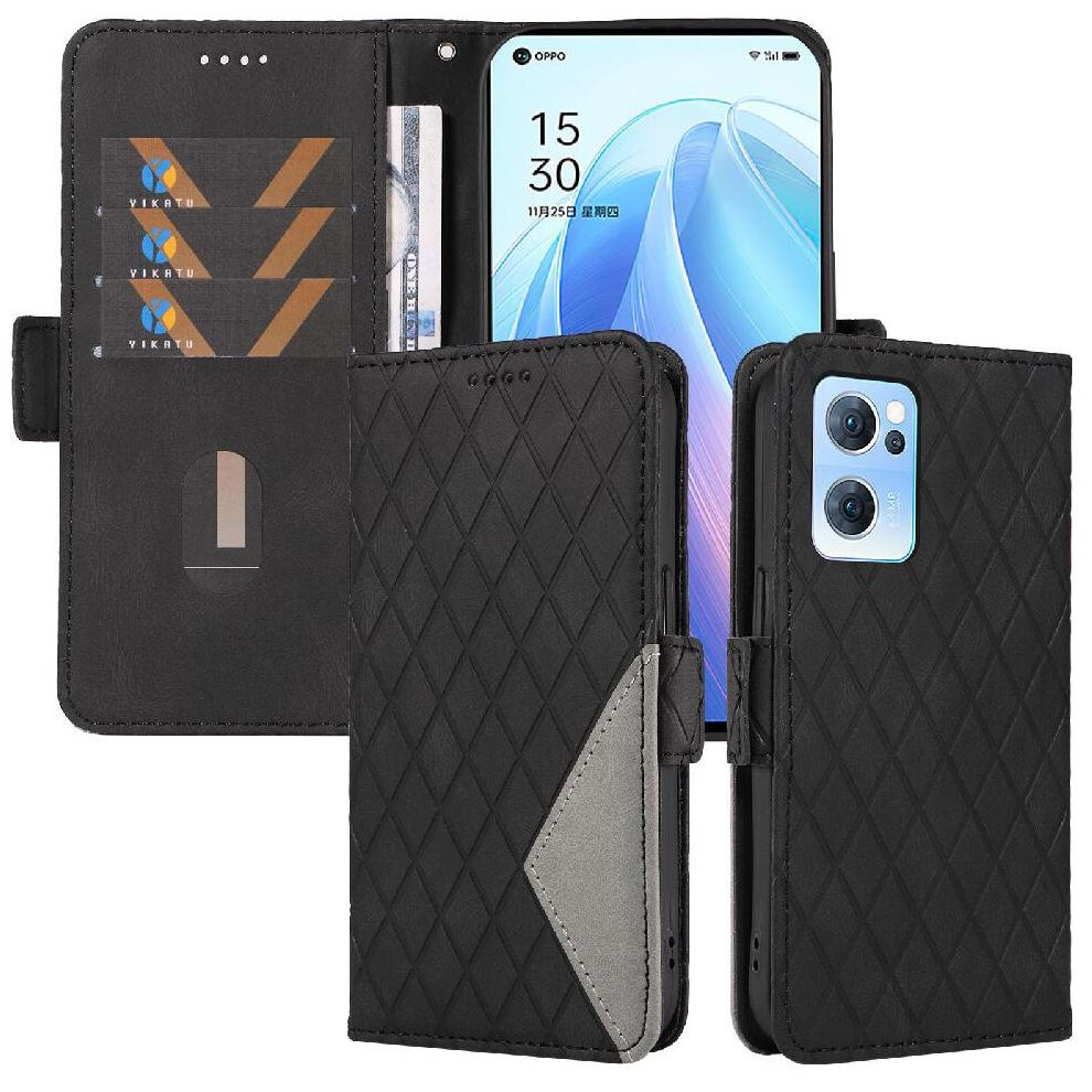 (Black) Flip Case For Oppo Find X5 Lite With Card Slot And Hand Strap Stylish Protective Phone Case Two Color Splicing Patterns Black 764563515004