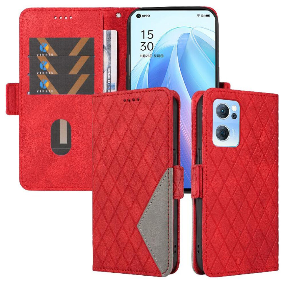 (Red) Flip Case For Oppo Find X5 Lite With Card Slot And Hand Strap Stylish Protective Phone Case Two Color Splicing Patterns Red 764563514991
