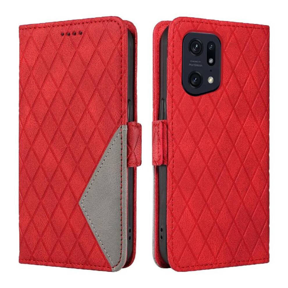 (Red) Flip Case For Oppo Find X5 Pro Two Color Splicing Patterns Stylish Protective Phone Case With Card Slot And Hand Strap Red 764563515035
