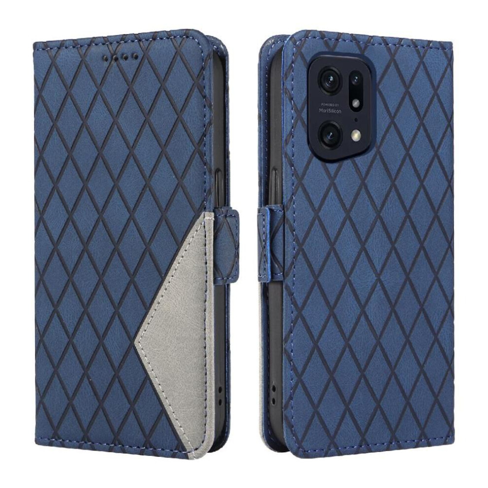 (Blue) Flip Case For Oppo Find X5 Pro Two Color Splicing Patterns Stylish Protective Phone Case With Card Slot And Hand Strap Blue 764563515059