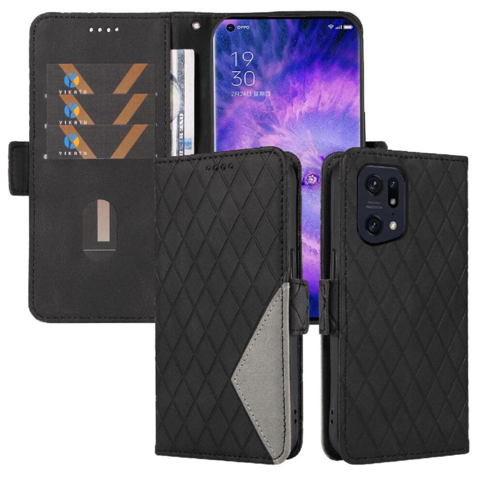 (Black) Flip Case For Oppo Find X5 Pro Two Color Splicing Patterns Stylish Protective Phone Case With Card Slot And Hand Strap Black 764563515042