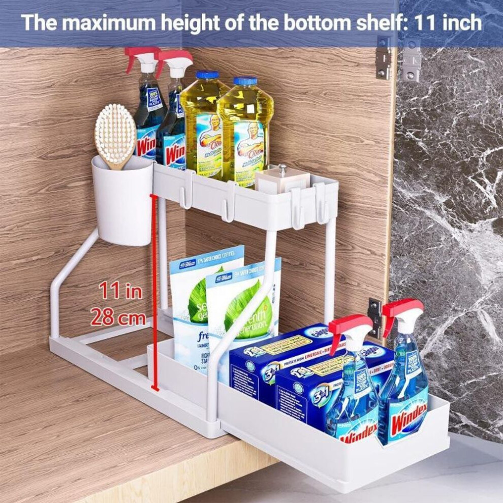 (white, with 4 hooks and holder) Multifunctional 2-Tier Retractable Kitchen Storage Rack Space-Saving Drawer Organizer for Kitchen, Bathroom Home