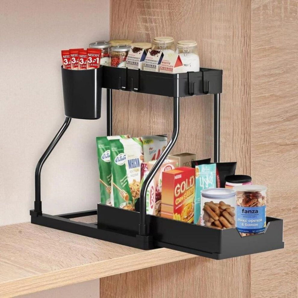 (black, with 4 hooks and holder) Multifunctional 2-tier Retractable Kitchen Storage Rack Space-saving Drawer Organizer For Kitchen, Bathroom Home