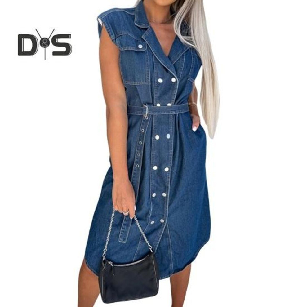 (dark blue, S) Women's Denim Shirt Dress Sleeveless Button Down Lapel Jean Dress Casual Summer A-Line Tie Waist Dress for Work Office Party