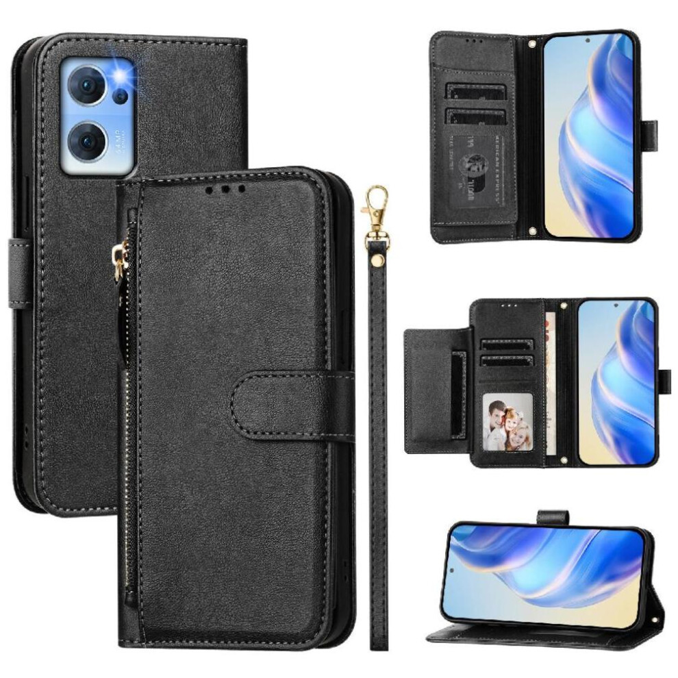 (Black) Flip Case For Oppo Find X5 Lite Card Holder Zipper Pu Leather Magnetic Black 764563517114
