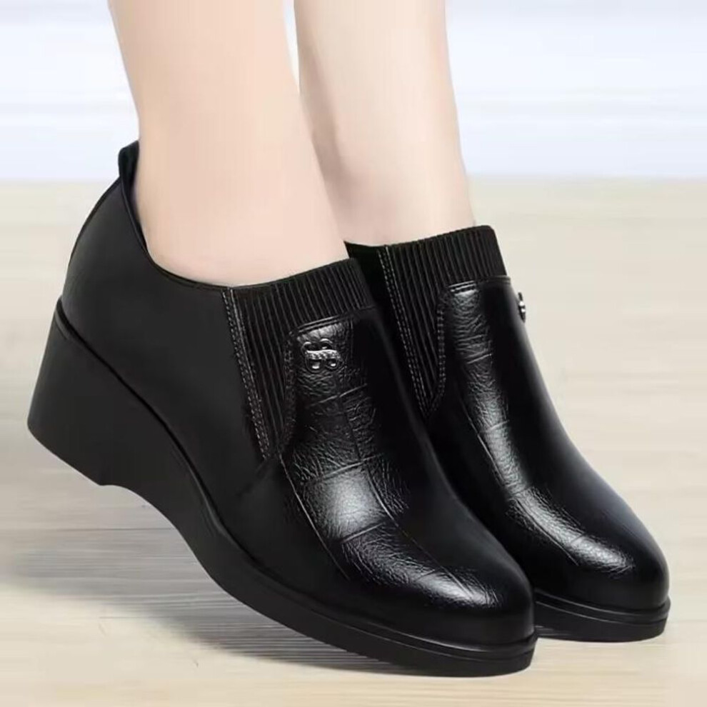 (black, 35) 4.5cm Comfortable Deep Mouth Soft Leather Shoes Flexible Loafers Women Spring Platform Wedges Shoes for Office Mom Work