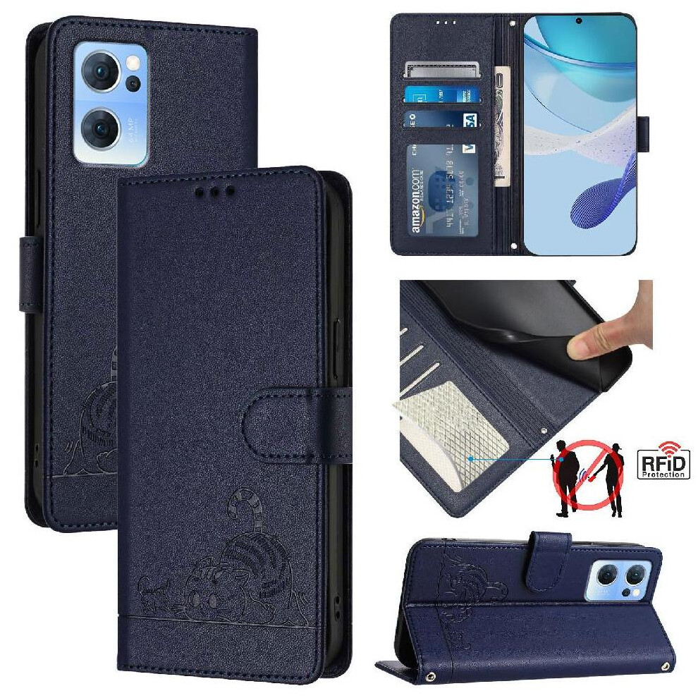 (Blue) Case For Oppo Find X5 Lite Card Slot Holder Kickstand Wallet Flip Cover Cat Rfid Blue 764563518159