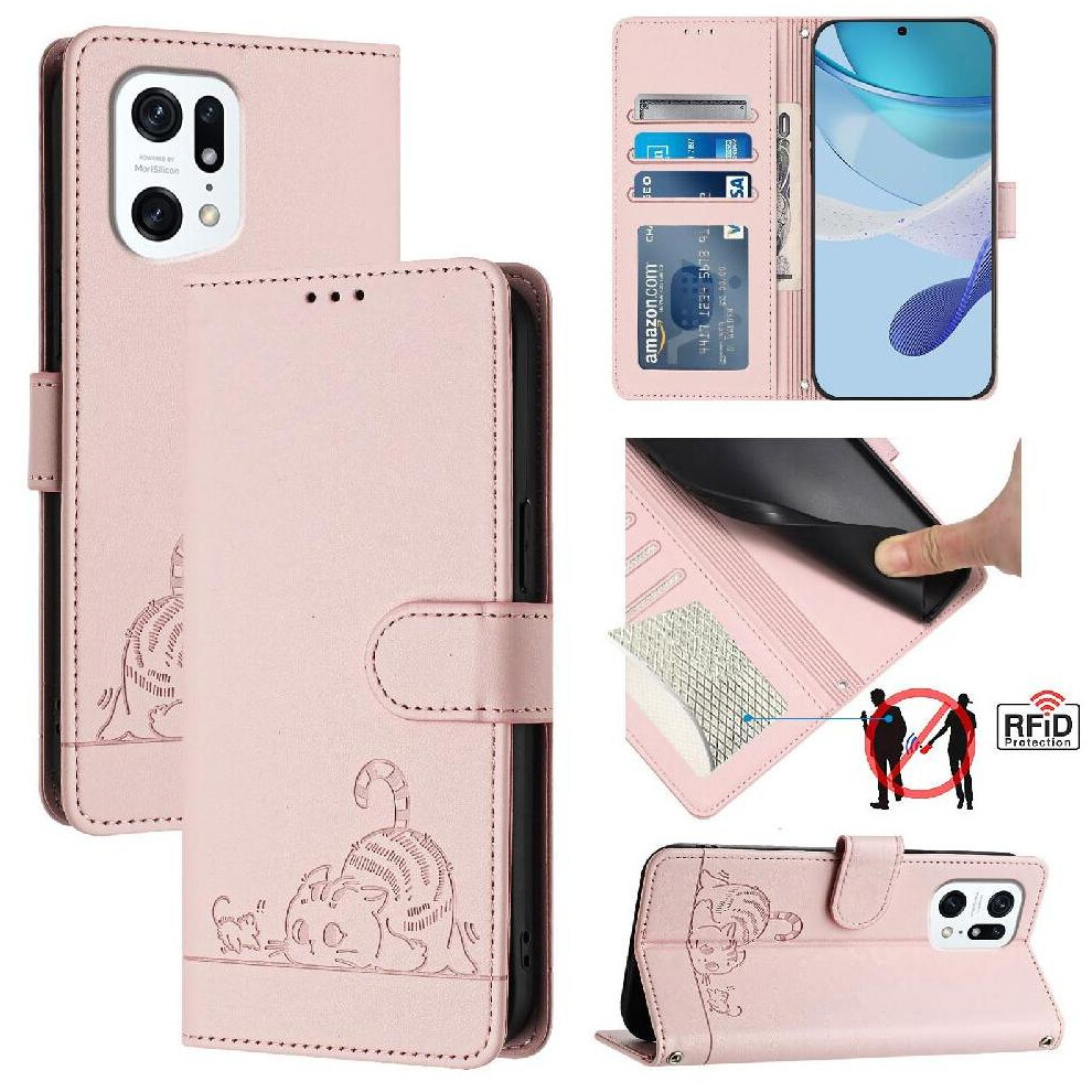 (Pink) Case For Oppo Find X5 Pro Wallet Flip Cover Cat Rfid Card Slot Holder Kickstand Pink 764563518197