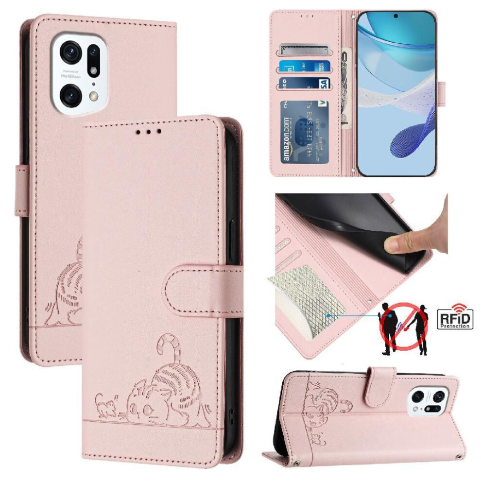 (Pink) Case For Oppo Find X5 Card Slot Holder Kickstand Cat Rfid Wallet Flip Cover Pink 764563518258