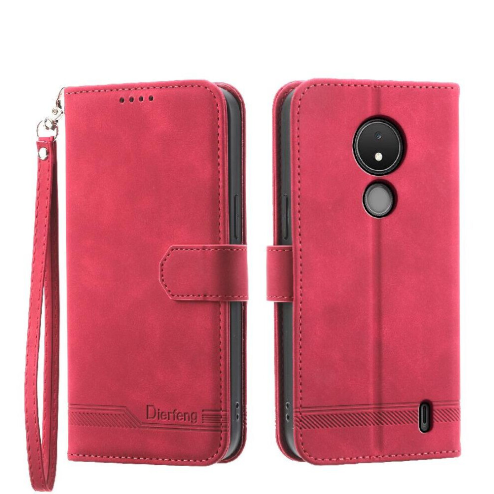 (Red) Flip Case For Nokia C21 Card Slots Premium Cash Pocket Magnetic Closure Wristband Red 764563518692