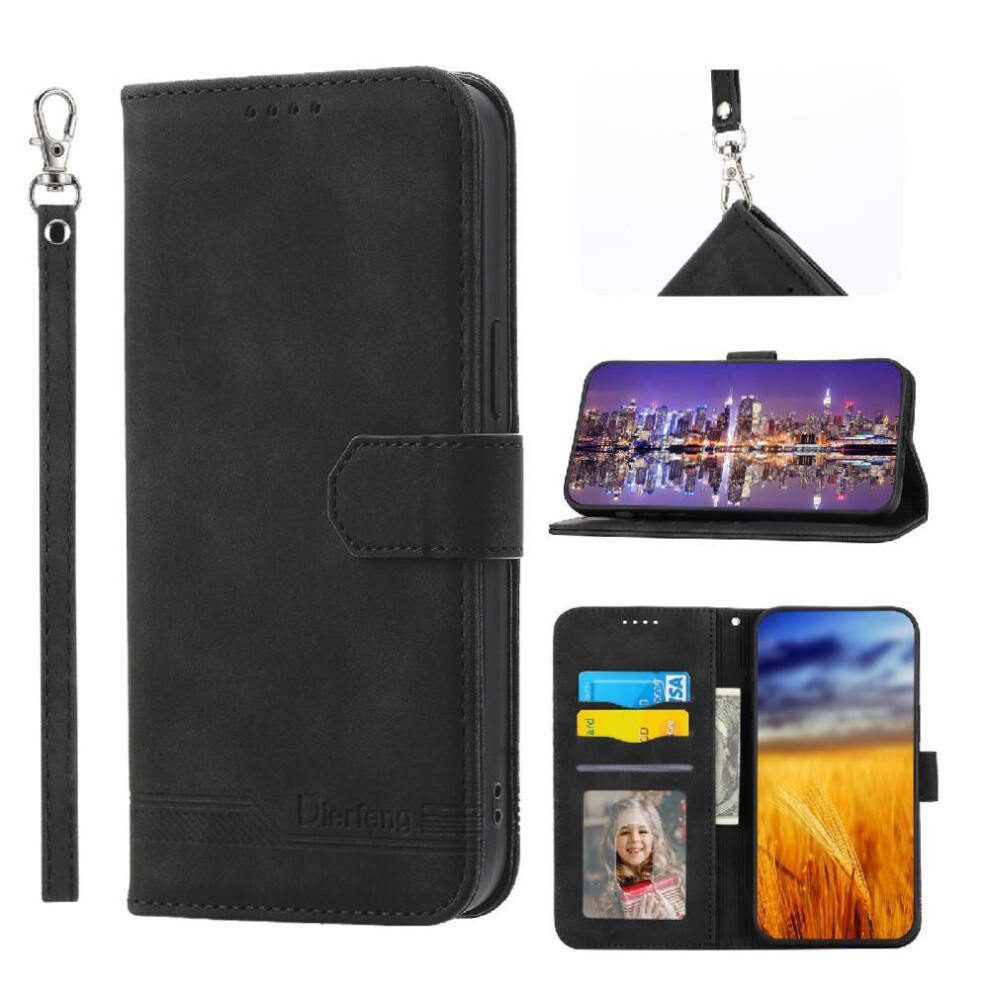 (Black) Flip Case For Nokia C21 Card Slots Premium Cash Pocket Magnetic Closure Wristband Black 764563518722