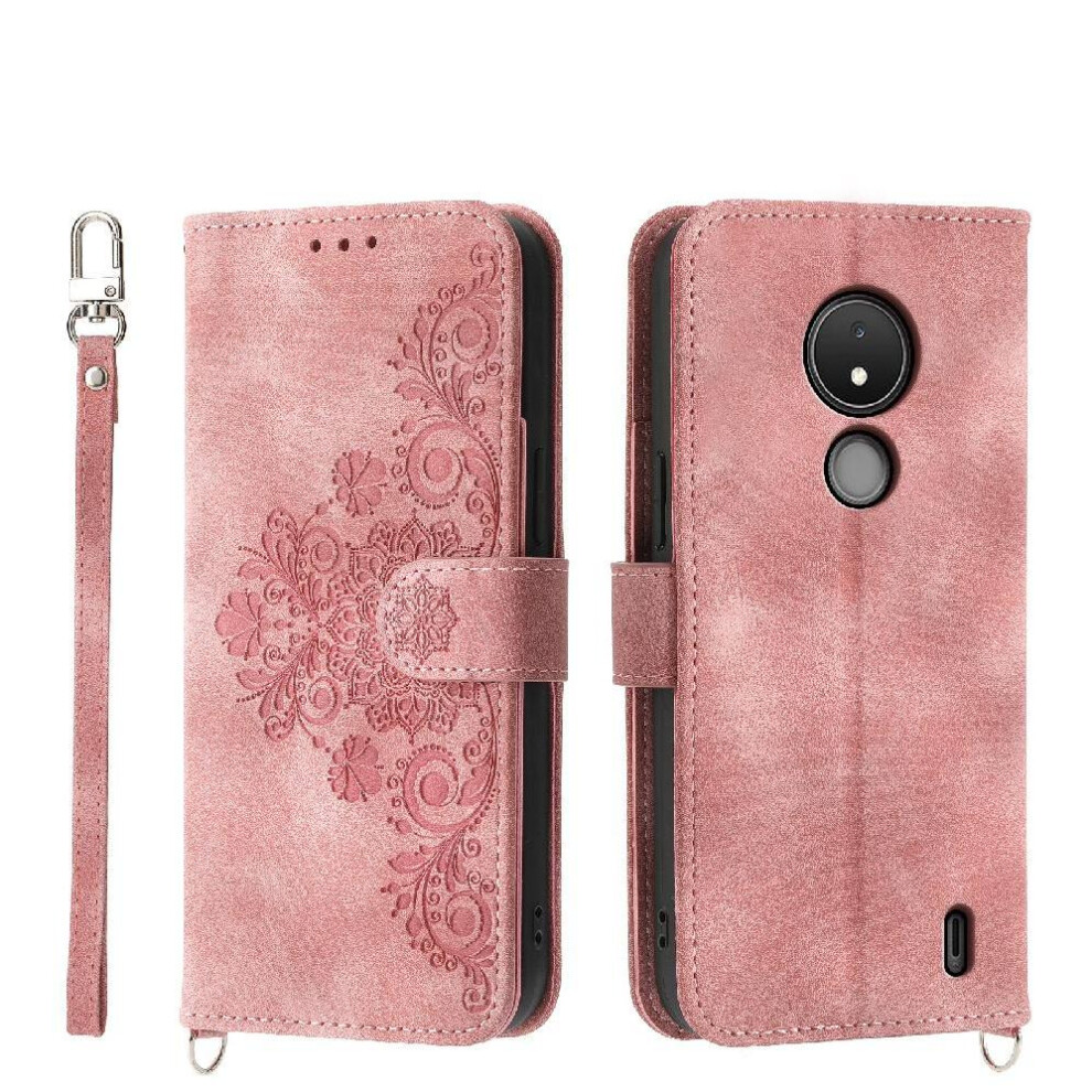 (Pink) Flip Case For Nokia C21 Multiple Credit Card Slots Shockproof Wristband Embossed Pink 764563518807