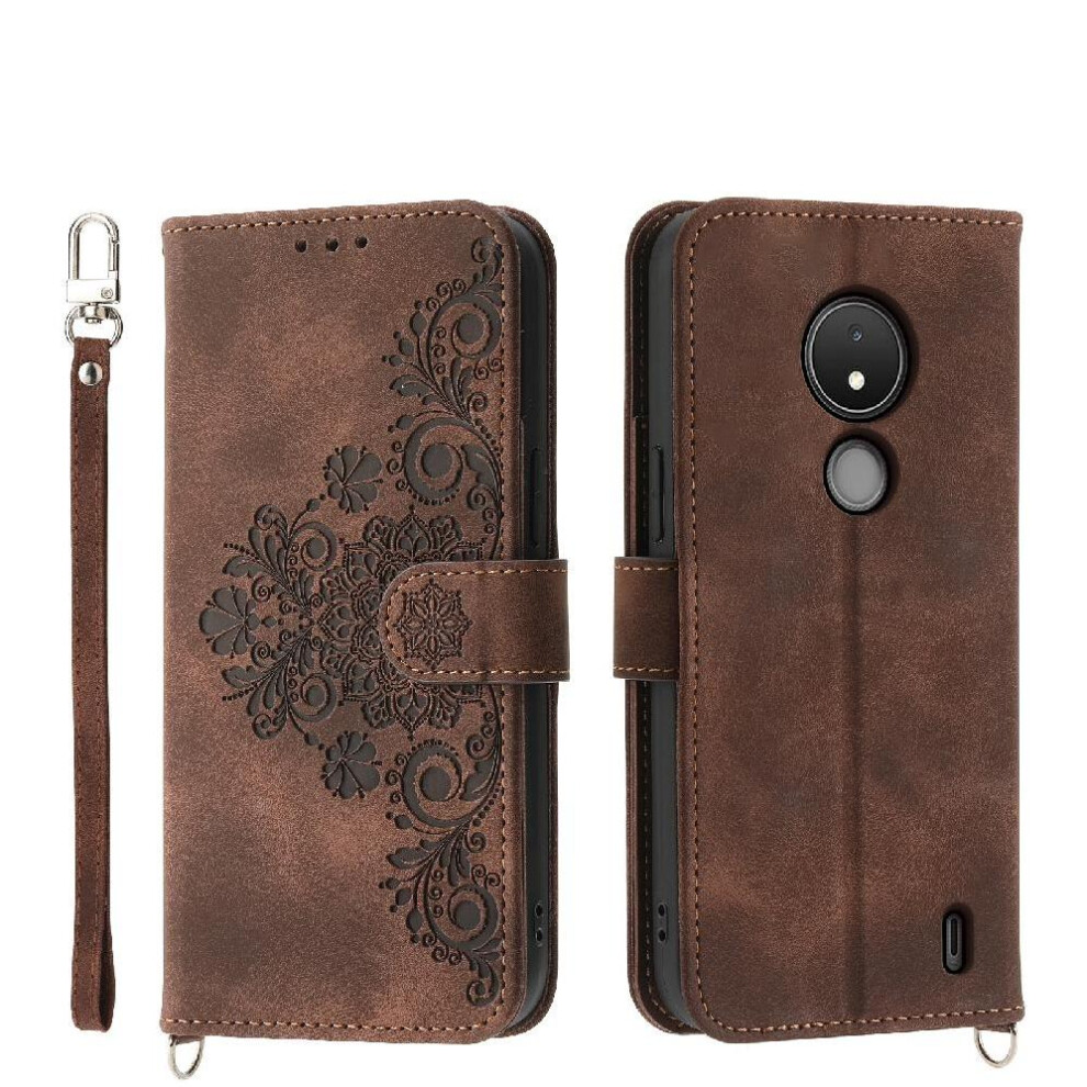 (Brown) Flip Case For Nokia C21 Multiple Credit Card Slots Shockproof Wristband Embossed Brown 764563518821