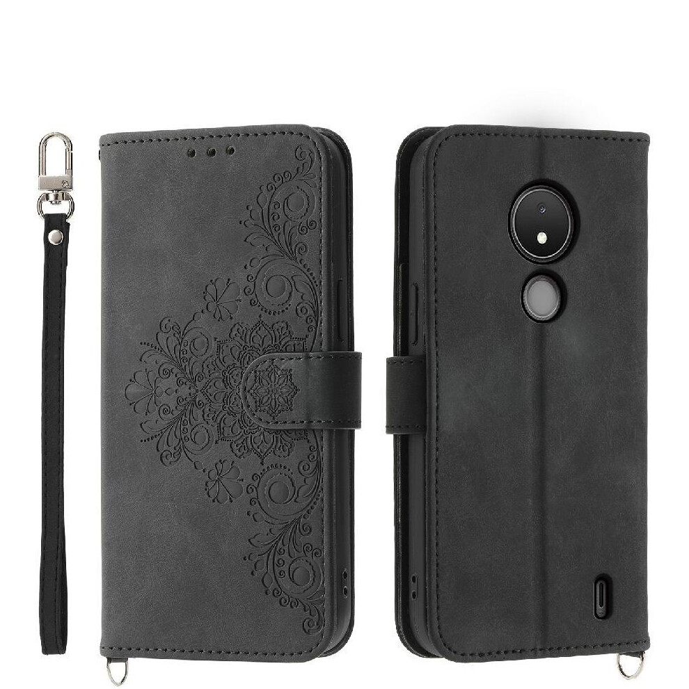 (Black) Flip Case For Nokia C21 Multiple Credit Card Slots Shockproof Wristband Embossed Black 764563518838