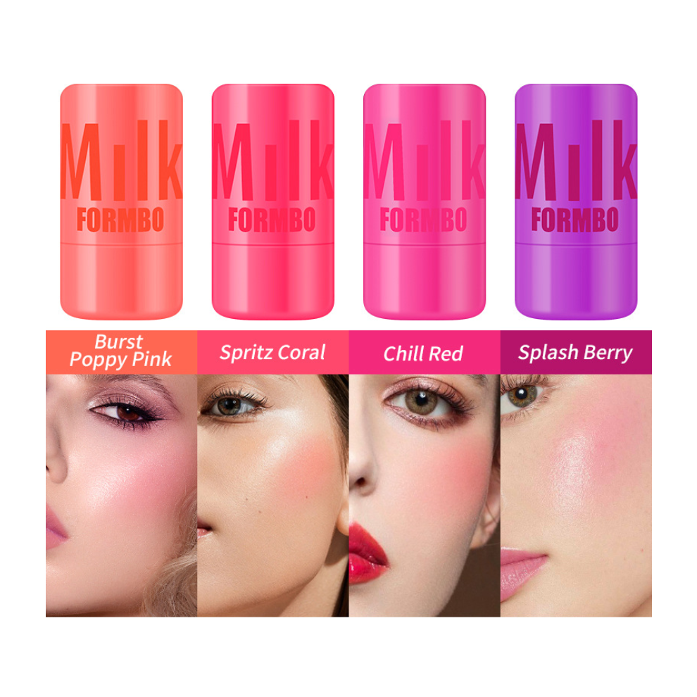 (BURST POPPY PINK) FORMBO Milk Makeup 4-color Jelly Blush Stick, Facial & Lip Dual-use Lipstick