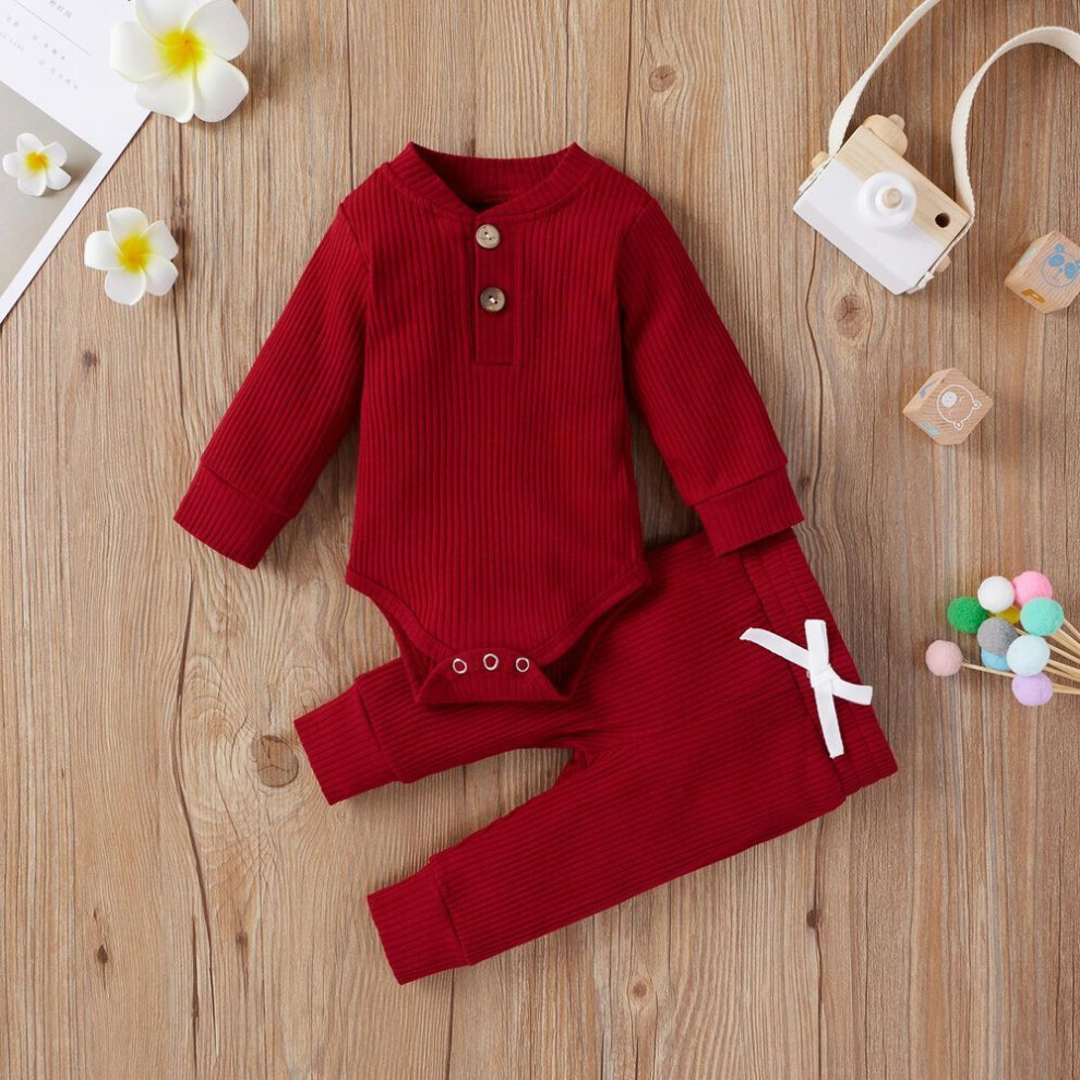 (wine red, 6-12 Months) Newborn Baby Girls/Boys Suit, Long Sleeve Clothes Striped Romper+Pants Set Infant Outfits