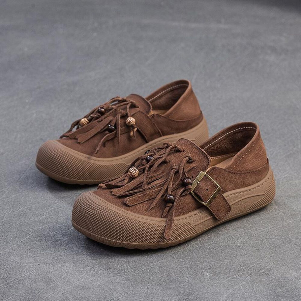 (dark brown, 37) Johnature Comfortable Loafers Genuine Leather Flats Retro Tassels Round Toe Women's Slip-on Shoes