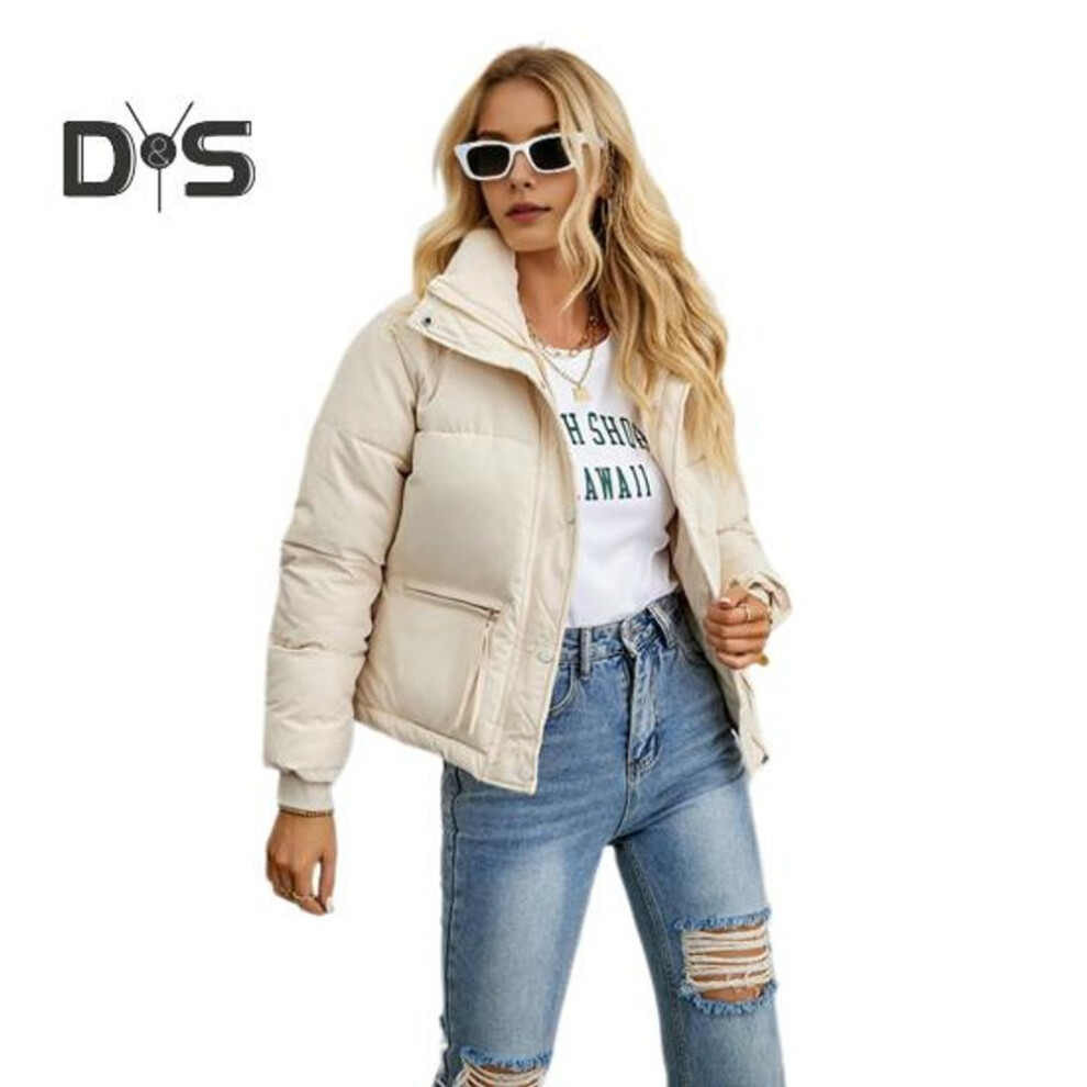 (white, XL) Winter Women Jacket Long Sleeves Zippered Pockets Turn-down Collar Zipper Closure Thickened Padded Solid Color Windproof Warm Coat