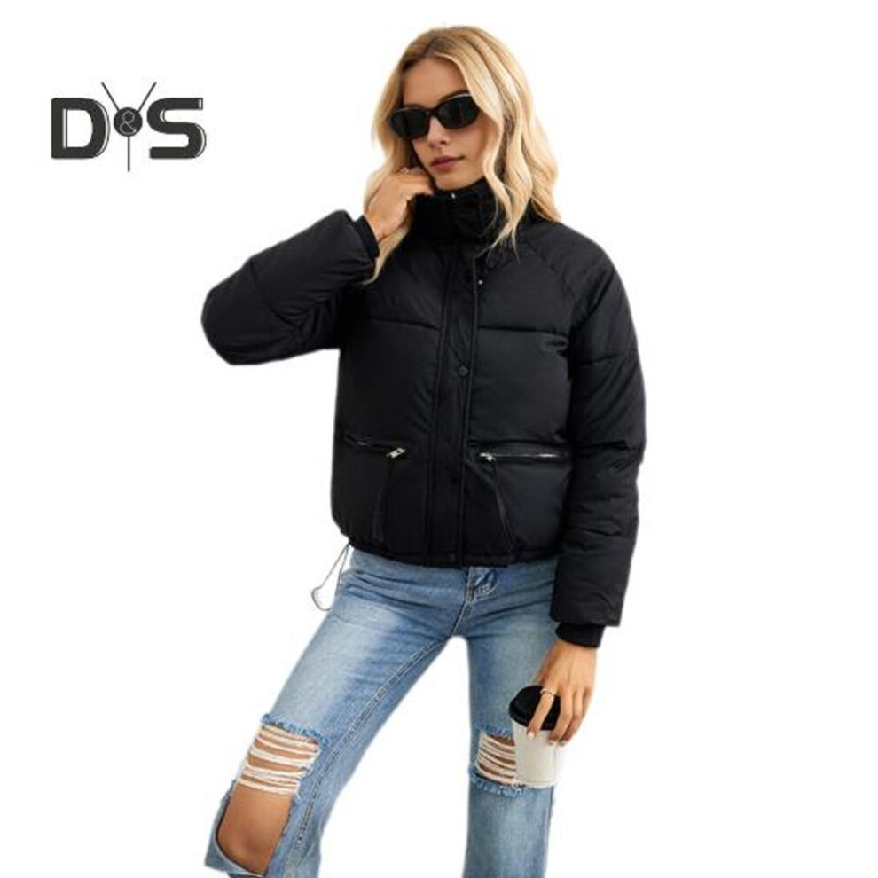 (black, M) Winter Women Jacket Long Sleeves Zippered Pockets Turn-down Collar Zipper Closure Thickened Padded Solid Color Windproof Warm Coat