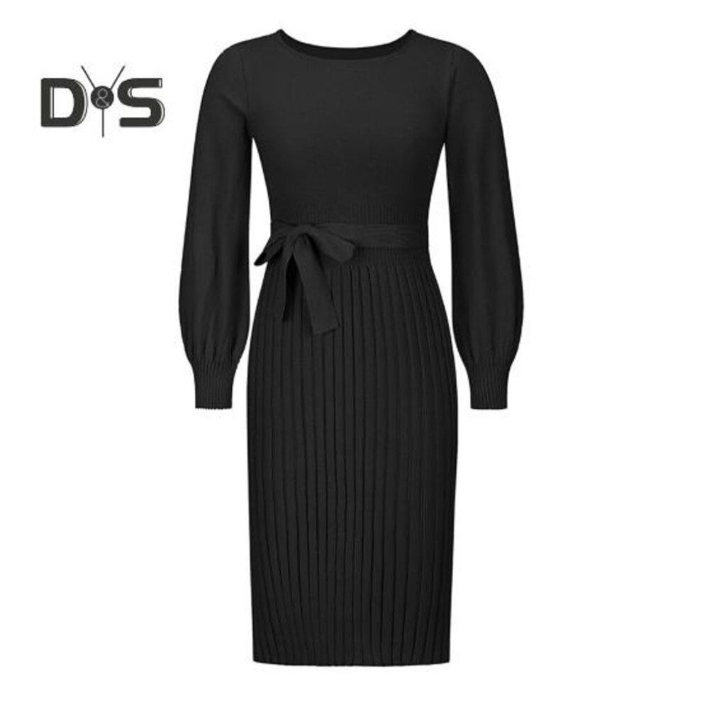 (black, L) Autumn Lady Dress Knitted Round Neck Long Sleeves Slim Fit Pleated Lace-up Tight Waist Mid-calf Length Elastic Solid Color Midi Sweater Dress