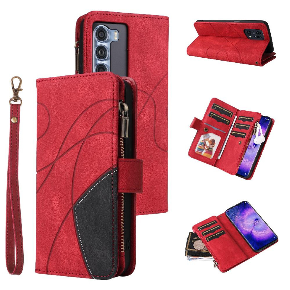 (Red) Case For Oppo Find X5 Pro With Card Slot Stand Kickstand Protective Nine Card Slots Zipper Wallet Style Two-Color Stitching Red 764563520268