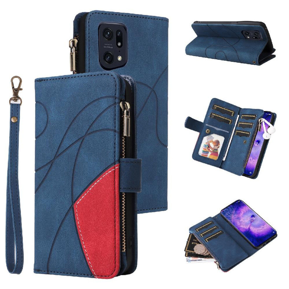 (Blue) Case For Oppo Find X5 Pro With Card Slot Stand Kickstand Protective Nine Card Slots Zipper Wallet Style Two-Color Stitching Blue 764563520299