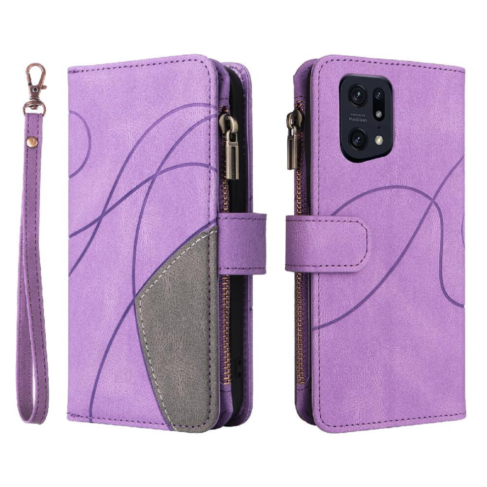 (Purple) Case For Oppo Find X5 Pro With Card Slot Stand Kickstand Protective Nine Card Slots Zipper Wallet Style Two-Color Stitching Purple 764563520275
