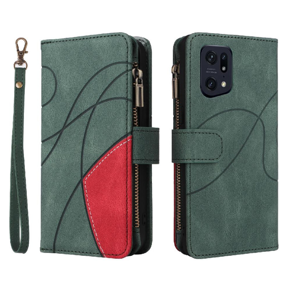 (Green) Case For Oppo Find X5 Pro With Card Slot Stand Kickstand Protective Nine Card Slots Zipper Wallet Style Two-Color Stitching Green 764563520282