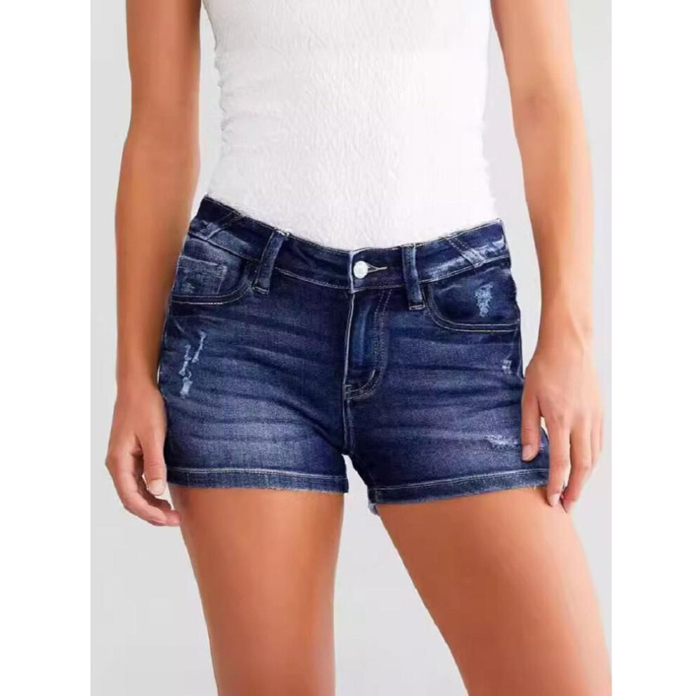 (navy blue, XL) Women Summer Denim Shorts Ladies Ripped Hole Stretch Jeans Short Pants Solid Color Middle Waist Ladies Casual Regular Short