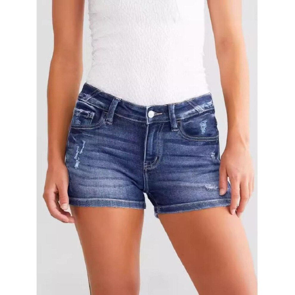 (blue, XL) Women Summer Denim Shorts Ladies Ripped Hole Stretch Jeans Short Pants Solid Color Middle Waist Ladies Casual Regular Short
