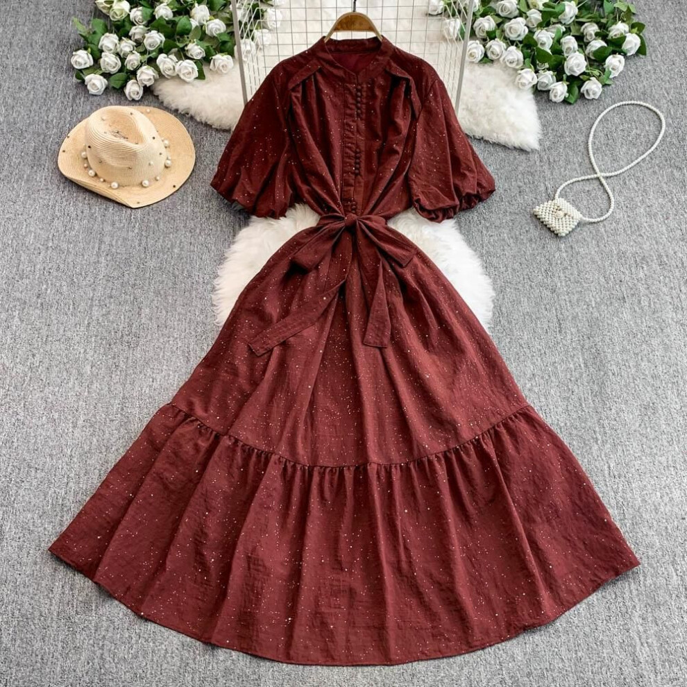 (dark brown, One Size) Stylish Casual Stand Up Collar Bubble Sleeve Single Breasted Dress for Women Autumn Tie Up Waist Cinching Slimming Ruffle Edge Long Dress