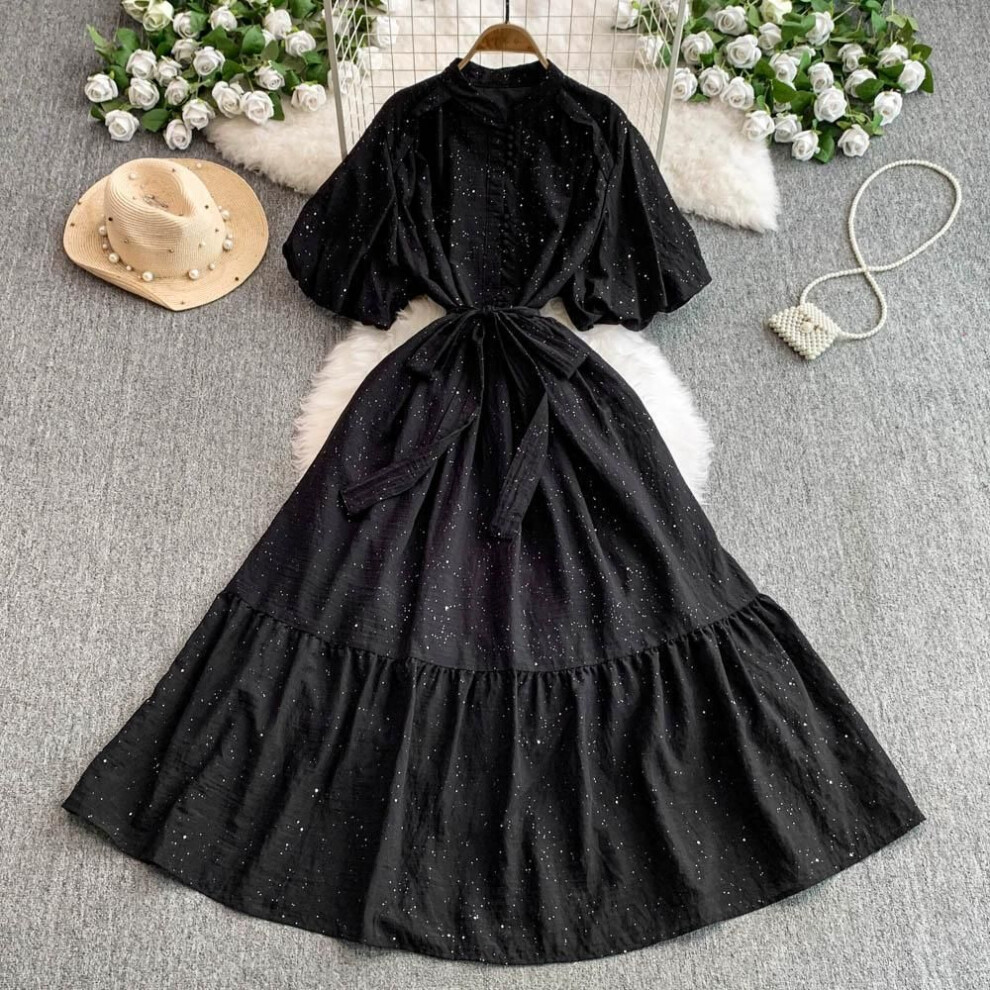 (black, One Size) Stylish Casual Stand Up Collar Bubble Sleeve Single Breasted Dress for Women Autumn Tie Up Waist Cinching Slimming Ruffle Edge Long Dress