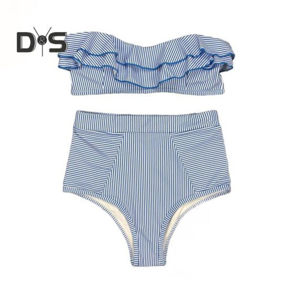 (S, blue) 2Pcs/Set Women Bikini Set Ruffle Trim Bandeau Padded Push-Up Bra High Waisted Briefs Set Striped Print Beachwear