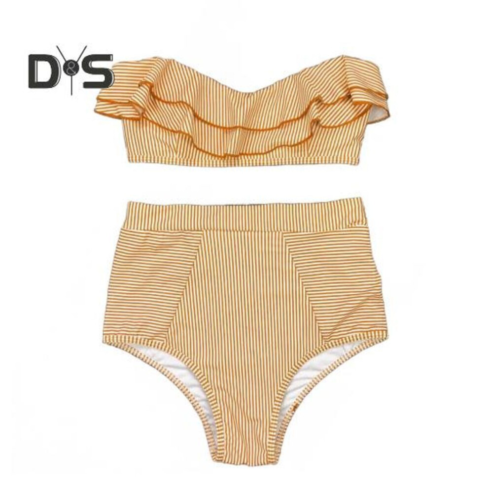 (L, yellow) 2pcs/set Women Bikini Set Ruffle Trim Bandeau Padded Push-up Bra High Waisted Briefs Set Striped Print Beachwear