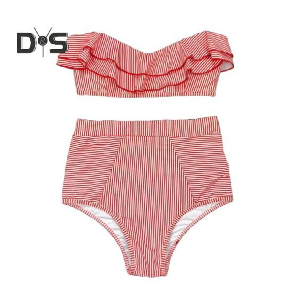 (S, red) 2Pcs/Set Women Bikini Set Ruffle Trim Bandeau Padded Push-Up Bra High Waisted Briefs Set Striped Print Beachwear