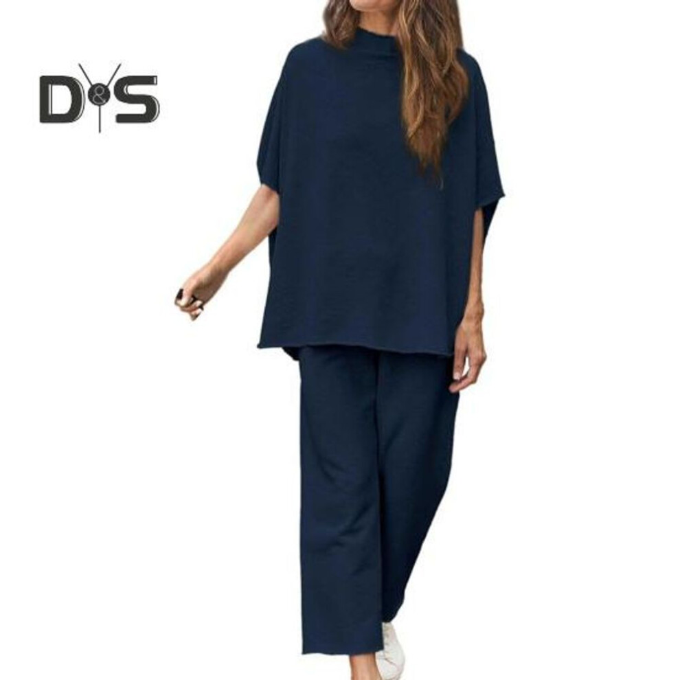 (navy blue, XL) 2 Pcs/Set Women Top Pants Set Half-high Collar Mid Sleeves Blouse Wide Leg Elastic Waist Trousers with Pockets Daily Leisure Loose Outfit