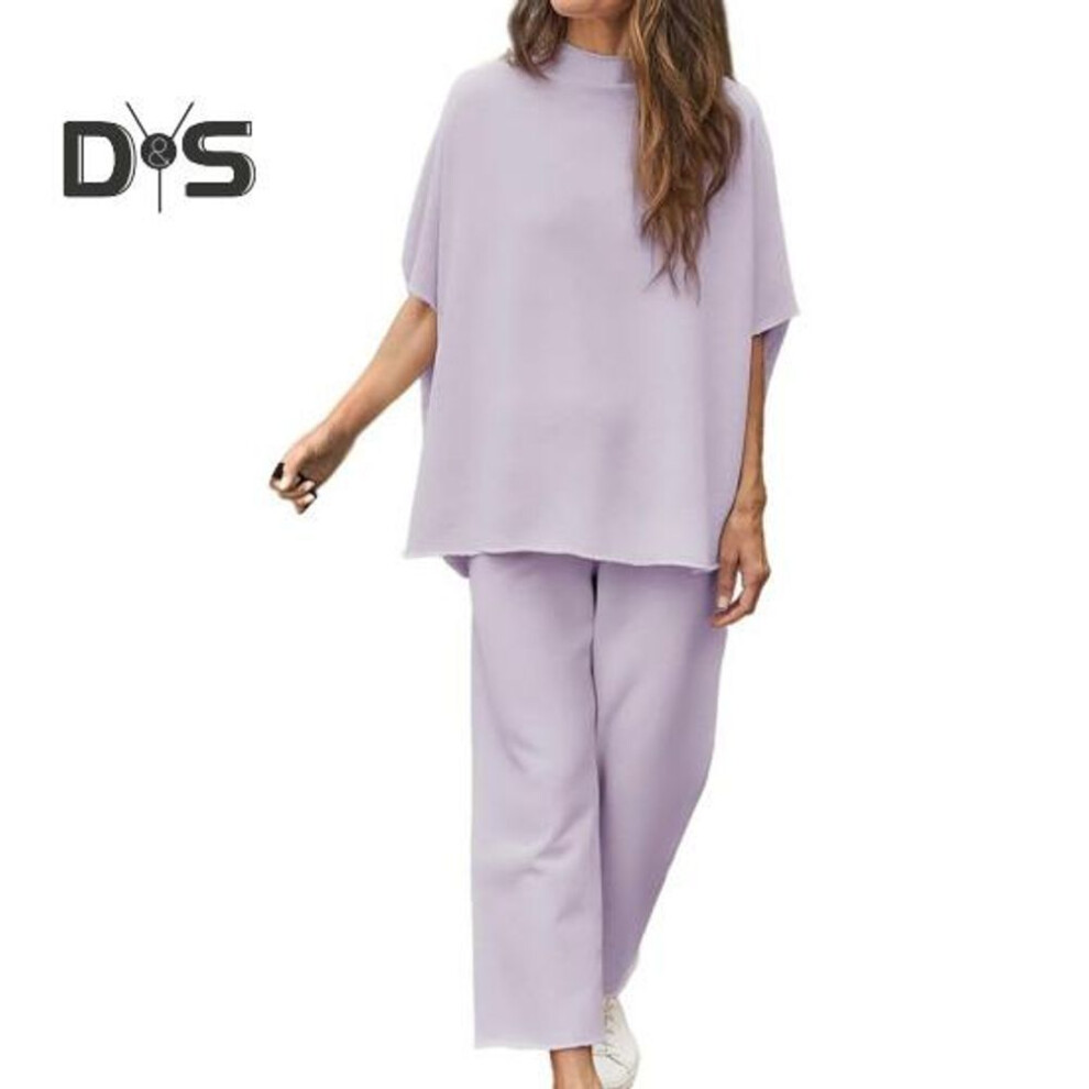 (light purple, L) 2 Pcs/Set Women Top Pants Set Half-high Collar Mid Sleeves Blouse Wide Leg Elastic Waist Trousers with Pockets Daily Leisure Loose Outfit
