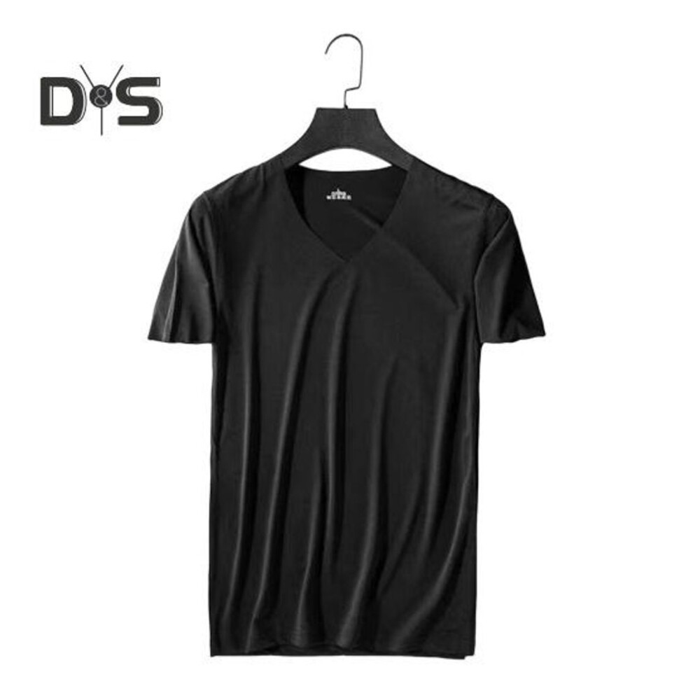 (black, L) Men Summer T-shirt V Neck Thin Ice Silk Solid Color Thin Stretchy Pullover Mid Length Sweat Absorption Quick-drying Sport Fitness Top