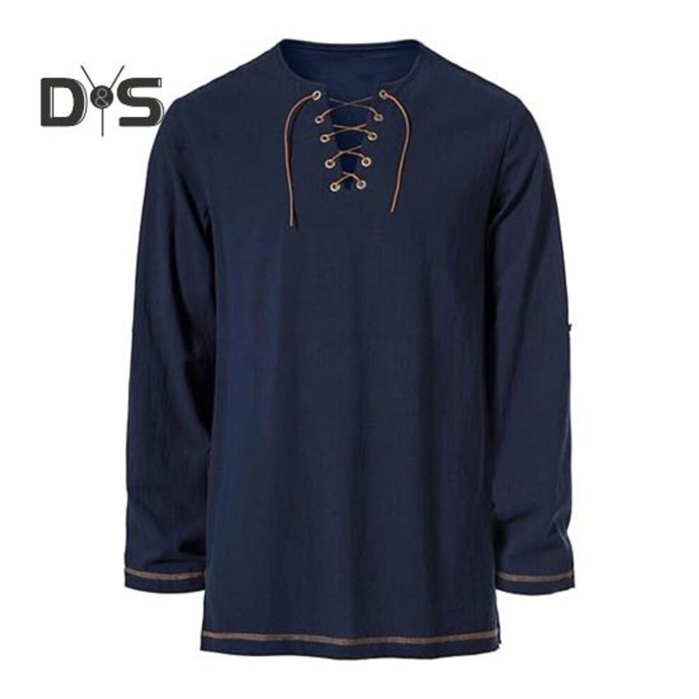 (navy blue, XL) Men's Vintage Lace-Up T-Shirt Long Sleeve Henry Collar Top Spring Autumn Solid Color Tee Shirt for Daily Wear Performances Cosplay