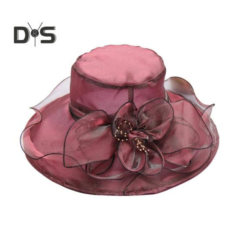 (wine red) Women's Organza Church Derby Hat Summer Ruffles Wide Brim Church Bridal Sun Hat Outdoor Styling Caps for Wedding Tea Party