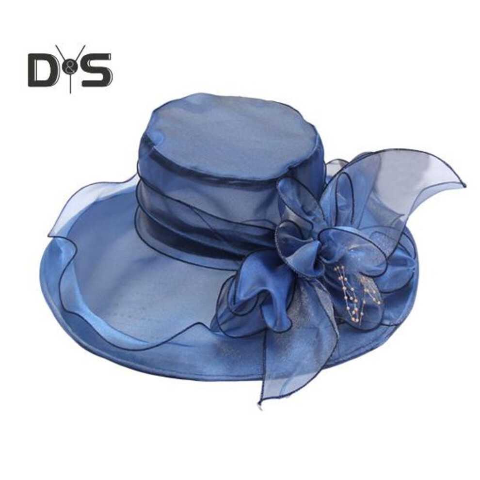 (navy blue) Women's Organza Church Derby Hat Summer Ruffles Wide Brim Church Bridal Sun Hat Outdoor Styling Caps For Wedding Tea Party